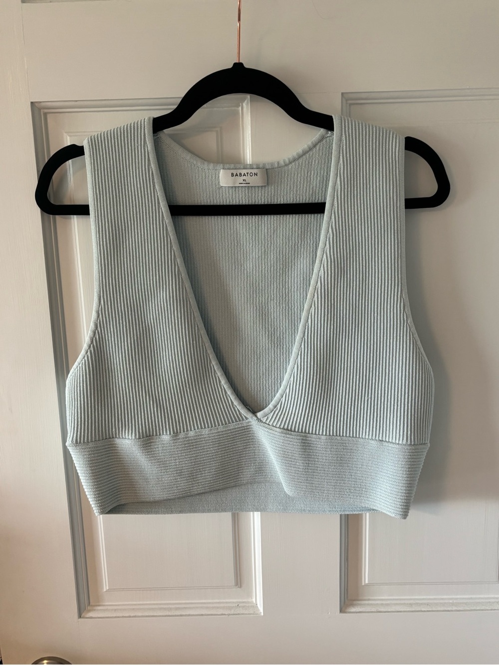 Babaton Pale Blue Ribbed Deep-V Crop Top